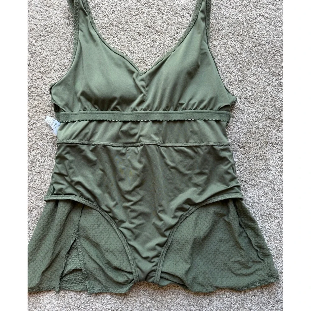 Lands End Womens Olive Green Textured V-Neck Swim Dress One Piece Size L